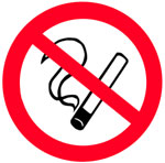 Varoitusmerkki, jossa valkoista taustaa vasten tupakoinnin kieltävä symboli. Punainen varoitusmerkki, jossa valkoisella savuava tupakka. Tupakointi on kielletty.