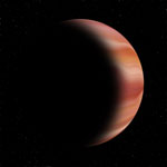 Suuri Jupiter-planeetta avaruudessa. Planeetasta näkyy vain sirppi oikealla puolella ja muut osat pallonmuotoisesta planeetasta ovat mustuuden peittämiä. Planeetan pinnalla näyttää olevan punertavia juovia, jotka ovat vaaleampia ja tummempia punaisia.