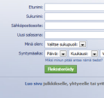 Facebookin suomenkielinen rekisteröitymislomake, tai sen osa, jossa kysellään kyättäjän nimeä, sähköpostiosoitetta, salasanaa, sukupuolta, syntymäaikaa ja muita tietoja.