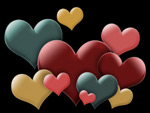 Rypäs erivärisiä ja -kokoisia sydämiä mustaa taustaa vasten. Sydänsymbolit merkitsevät rakkautta. Tässä on siis paljon rakkautta. Sydämet ovat symmetrisiä muodoiltaan.