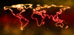 Kartta maailman valtioista hohtavaa punaista ja kellertävää taustaa vastne. Valtioiden rajat hohtavat ohuin kellertävin neonvärein.
