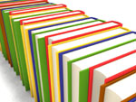 Suuri läjä kirjoja rivissä vieretysten. Kirjojen taustalla valkoinen pohjaväri. Kirjat ovat pääosin vihertäviä, mutta niiden seassa on myös sini- ja punakantisia kirjoja.