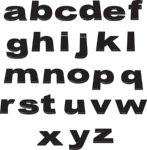 Mustalla värillä kirjoitettuna pienin kirjaimin englannin kielen aakkoset, josta puuttuu ääkköset kokonaan. Aakkoset on kirjoitettu usealle riville suurin, paksuin kirjaimin.