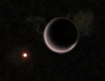 Suuri musta avaruus, jossa näkyy vasemmalla hohtava pieni valopallo ja sen oikealla puolella suurempi musta planeetta, jonka vasemmalla puolella sirppiä muistuttava vaaleampi osa planeetasta.