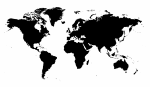 Maailman kaikki maanosat mustalla värillä ja hyvin yksityiskohtaisina piirroksina valkoista taustaa vasten. Kartassa suuria mustia läiskiä ovat Pohjois- ja Etelä-Amerikka, Intia, Venäjä ja napa-alueet.